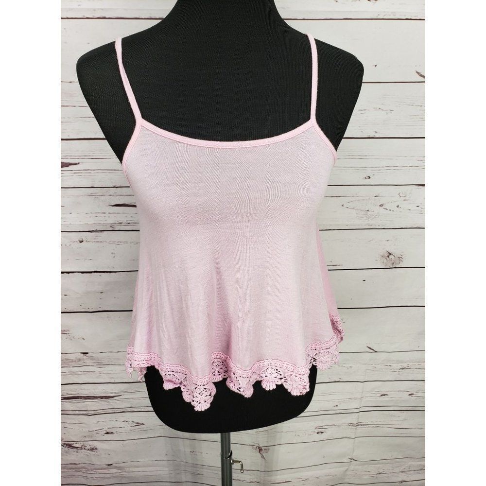 Always Me Pink Lace Trim Cami Tank Top High Low Hem Size 14/16 Made in USA